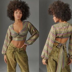 Urban Outfitters UO Medium Kary Keyhole Zig Zag Blouse Crop Tie Back Green Shiny